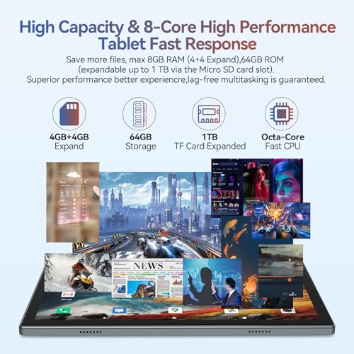 Android 14 Tablet 2024 Newest Tablets, 10 inch Tablet (4+4)GB RAM 64GB ROM 1TB Expand, 2 in 1 Tablet with Keyboard, Case, Stylus, Octa-Core Tablet PC, WiFi 6, Bluetooth, Dual Camera,7000mAh Battery