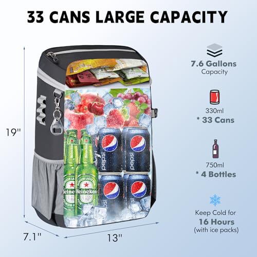 Cooler Backpack, 33 Cans Backpack Cooler Insulated Leak Proof, Portable Lightweight Beach Camping Picnic Thermal Backpack, Soft Ice Chest Cooling Bag Lunch Backpack for Men Women