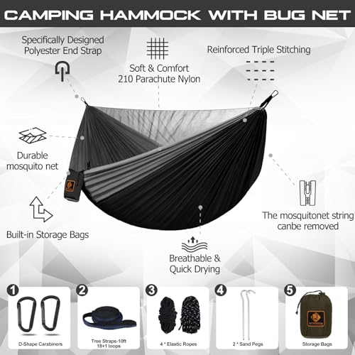 Camping Hammock, Portable Hammocks with Mosquito Net,Lightweight Nylon Parachute Hammock with 10ft Tree Straps,Camping Gear Must Haves for Travel Hiking Backpacking Beach Patio-Black&Grey