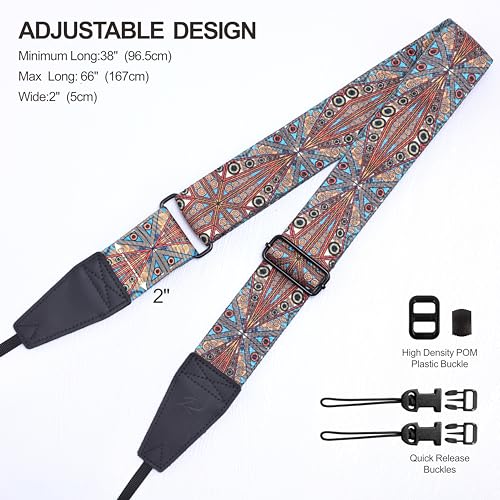 Padwa Lifestyle Adjustable Stripes Camera Strap - 2" Wide Top Layer Cowhide Head Camera Straps for Photographers, Adjustable Soft Cotton Rope Weave Neck & Crossbody Strap Quick Release for All Cameras