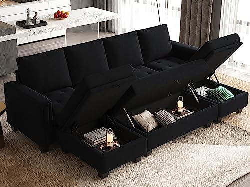 Belffin Velvet Convertible 4-Seat Sectional Sleeper Sofa with Reversible Chaise Sleeper Sectional Couch Bed with Storage Ottoman Sectional Sofa Couch Set Black