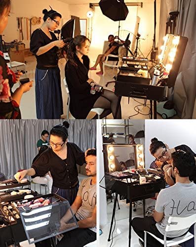 Kemier Makeup Case,Professional Artist Studio Cosmetic Train Table w/4 Rolling Wheels & Lights & Mirror,Pro Makeup Station,Cover Board and Easy Clean Extendable Trays,Adjustable Legs,Sturdy (Black)