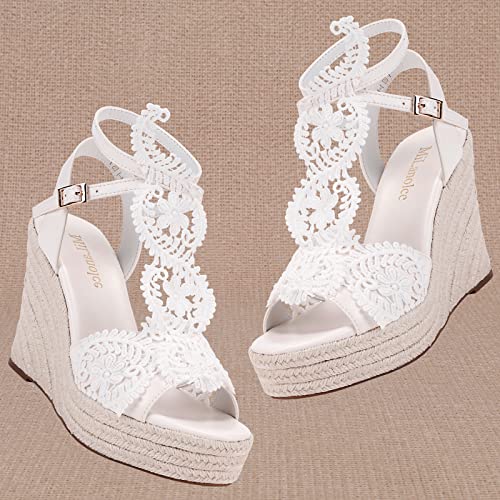 MiLanolce Women's Platform Sandals Wedge Open Toe Ankle Strap lace Wedding Shoes Bridesmaid Shoes,White,size-11