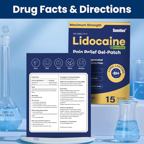 Sumifun 4% Lidocaine Patches Plus 1% Menthol - 15 Counts Maximum Strength OTC Pain Relief Patches for Back Ache Stiff Neck Joint Pain Muscle Soreness Topical Analgesic