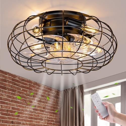 NookNova Ceiling Fan with Lights, 16 Inch Caged Ceiling Fan Lights Remote Control Small Industrial Ceiling Fan Light Fixture Flush Mount Farmhouse Light 6 Speeds Bladeless Lights for Bedroom Kitchen