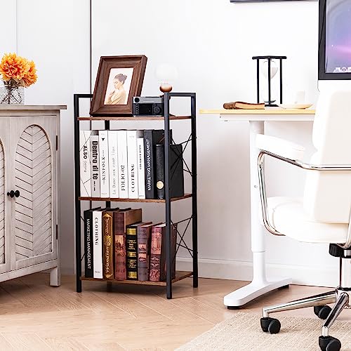 HCHQHS Bookshelf, 3-Tier Industrial Bookcase, White Open Book Shelf, Freestanding Horizontal Bookshelves with Metal Frame