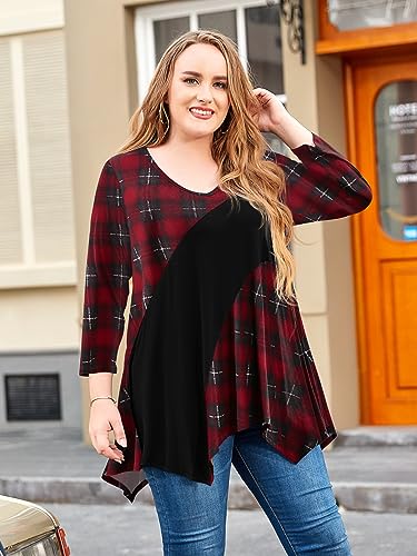 LARACE Color Block 3/4 Sleeves Tops For Women Plus Size Tunic V-neck Flattering Handkerchief Tee Shirt(White 6X)