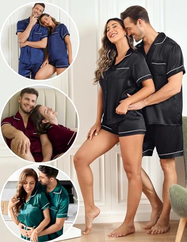 SWOMOG Couples Matching Pajamas Silk Pj Set Women Loungewear Set Button Down Pajamas Mens Sleepwear Sleep Shorts Summer Lounge Sets Dark Navy Blue