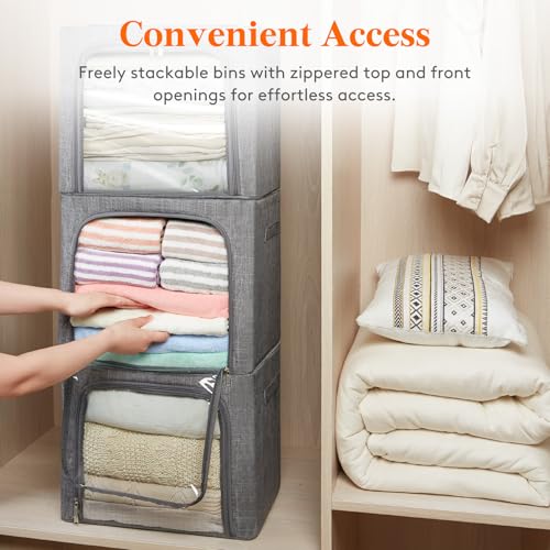 Lifewit Clothes Storage Bins with Metal Frame, Stackable Storage Box, Foldable Clothing Storage Bins with Lids, 40L Storage Bags Fabric Box Organizer with Clear Window& Zippers& Sturdy Handles 3 Pack
