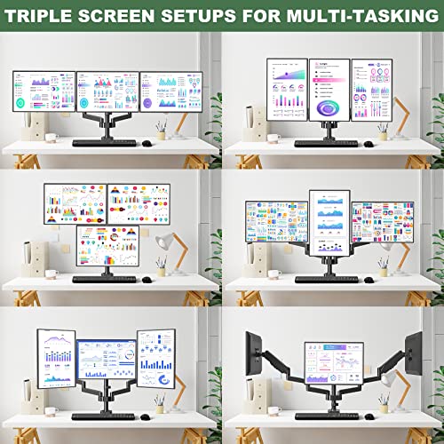UPGRAVITY Triple Monitor Mount, 3 Monitor Desk Mount for Three Flat/Curved Computer Screens up to 27 inch, Fully Adjustable Gas Spring Triple Monitor Arms Hold up to 17.6lbs, VESA 75x75/100x100mm