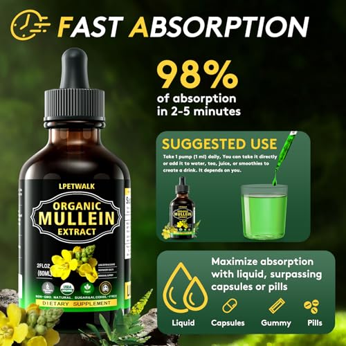 2 Fl oz Mullein Leaf Extract - Organic Mullein Leaf Liquid Drops Tincture Supplement High Bioavailability for Women, Men 98% Absorption, Herbal Goodness -Big Capacity (60ML)