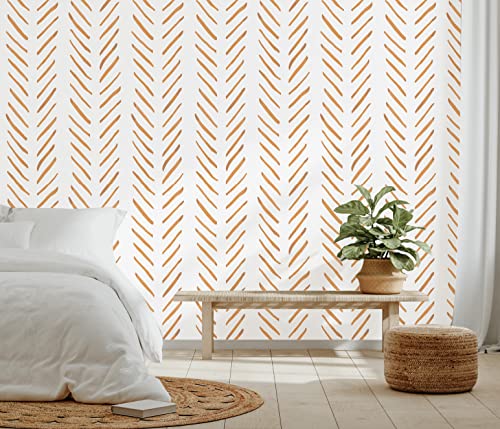 HAOKHOME Boho Peel and Stick Wallpaper Brush Strokes Stripes Removable Terracotta/White Chevron Vinyl Self Adhesive Mural 17.7in x 9.8ft