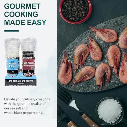 Soeos Sea Salt 3.5 oz + Black Peppercorns 1.8 oz, Salt for Grinder Refill, Salt and Peppercorns, Pepper Grinder Refill, Non-GMO Spice Seasoning Set For Cooking (150g Grinders, Glass Bottle)