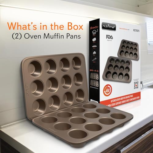 NutriChef 2-Piece Nonstick Muffin Pan Set - Carbon Steel Cupcake Baking Pans with 12 Cups - 15 inch x 11 inch Baking Tray Set - Gold