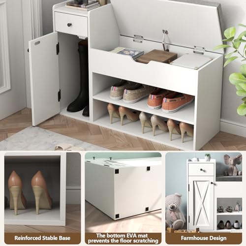 Loomie Shoe Storage Bench, 2-Tier Farmhouse Entryway Bench with Lift Top Storage Box, Drawer & Soft Removable Seat Cushion, Silm Shoe Rack with Shoe Cabinet for Entryway, Hallway, Bedroom, White
