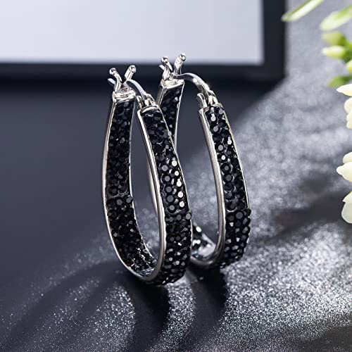 Crystal Hoop Earrings - Silver Plated Inside Out Oval Shape Hoop Earrings for Women, 1.2 Inch (Purple)