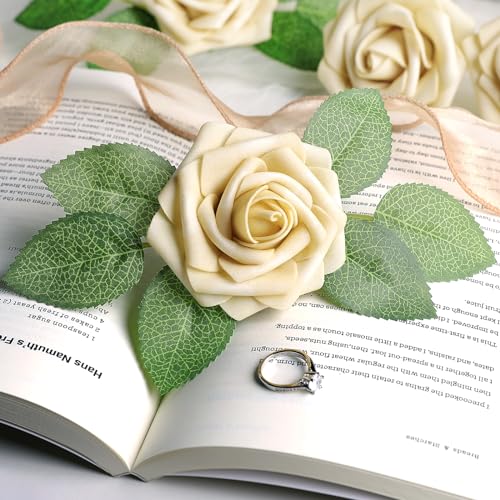 AmyHomie Artificial Flower Ivory Rose 25pcs Real Looking Fake Roses w/Stem for DIY Wedding Bouquets Centerpieces Arrangements Party Baby Shower Home Decorations