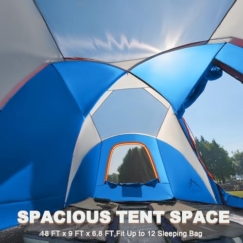 UNIHIMAL Tents for Camping, Waterproof 10 Person Family Tent with Double Layer & 4 Large Mesh Windows, Weather Resistant Easy Setup 2 Room Big Tent for Music Festival, Parties, 18 X 9 X 6.8Ft(Blue)