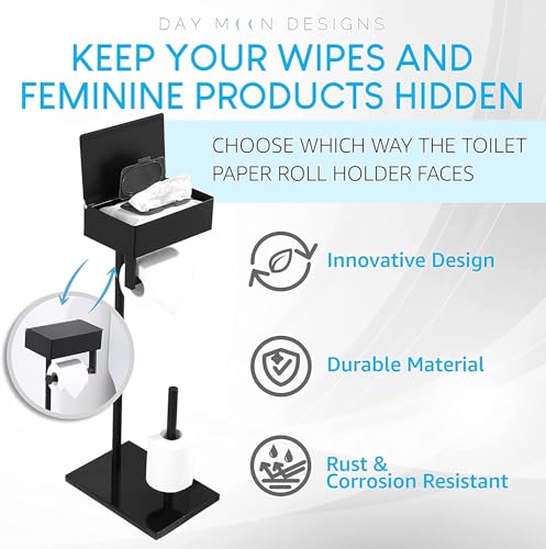 Day Moon™ Matte Black Toilet Paper Holder Free Standing Toilet Paper Holder with Storage - Toilet Paper Stand and Tissue Holder for Bathroom - Toilet Paper Holder with Shelf and Wipe Holder