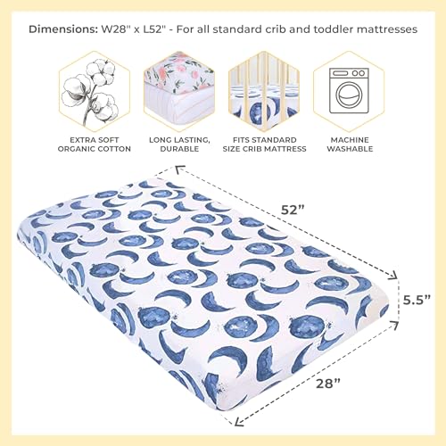 Burt's Bees Baby Print Fitted Crib Sheet Organic Cotton BEESNUG - Hello Moon! Prints, Fits Unisex Standard Bed and Toddler Mattress, Infant Essentials, 52 x 28 Inch 1-Pack