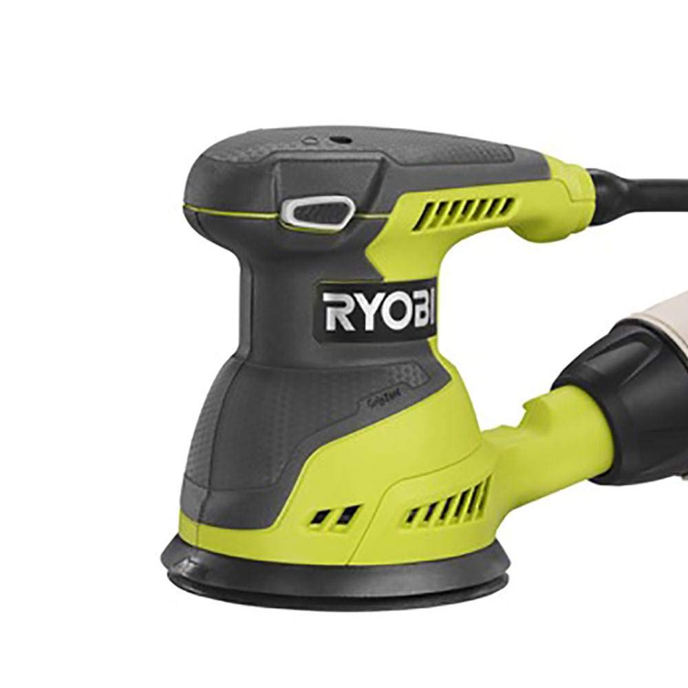 Ryobi RS290G 2.6 Amp 12,500 OPM Single Speed 5 Inch Hook and Loop Corded Random Orbit Sander w/ 3 Pads and Dust Bag