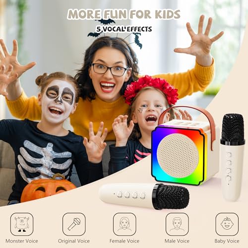 JYNSROU Mini Karaoke Machine with 2 Wireless Microphones, Portable Karaoke Machine with Bluetooth Speaker, Kids Karaoke Machine Toys Gifts for Girls 4,5,6,7,8,9,10 +Year Old Christmas Birthday (Beige)