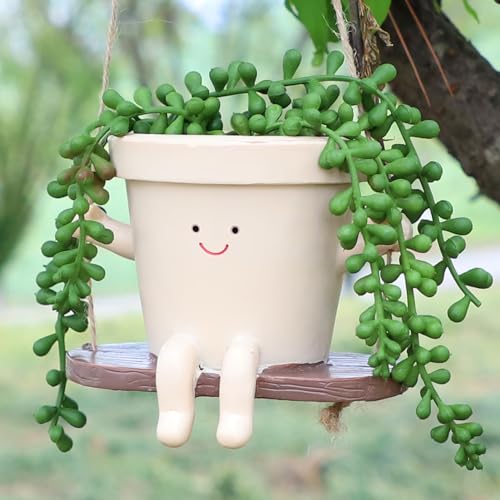 CEOJPA Swing Smiley Face Hanging Planter Pot for Indoor Outdoor Plants, Cute Swinging Plant Pot, Hanging Flower Pots, Face Planter Pot Head, Resin Succulent Planter (S-Plant Pot-Straight)