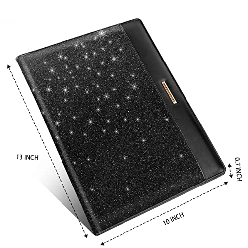Glitter Padfolio/Resume Portfolio Folder for Women Men, WAVEYU Cute Chic Padfolio Cover Folder, Conference/Legal Document Organizer with Letter/A4 Size Clipboard, Document Sleeve, Black