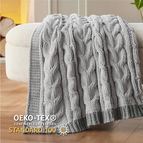 Bedsure Cable Knitted Throw Blanket for Couch, Chenille Chunky Knit Throw Blanket - Soft and Cozy Beige Throw Blanket for Winter, Throw (50" x 60")