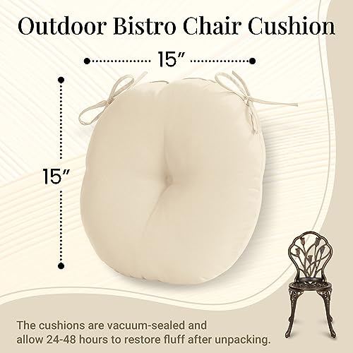 downluxe Bistro Chair Cushions for Patio Furniture, Water-Resistant Round Outdoor Chair Cushions Set of 2 with Non-Slip Ties, 15" x 15", Beige