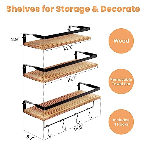 upsimples Bathroom Floating Shelves Wall Mounted Shelving with Removable Towel Bar, Wall Decor and Organizer for Bathroom, Bedroom, Living Room, Kitchen, Light Brown,Set of 3