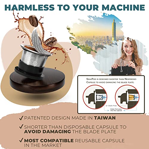 SEAL POD Refillable Coffee Capsules – Stainless Steel Refillable Pods Compatible with Nespresso Original Machines- Eco-Friendly Reuse Espresso filters – Pack of 1 Coffee Pod, 100 Lids