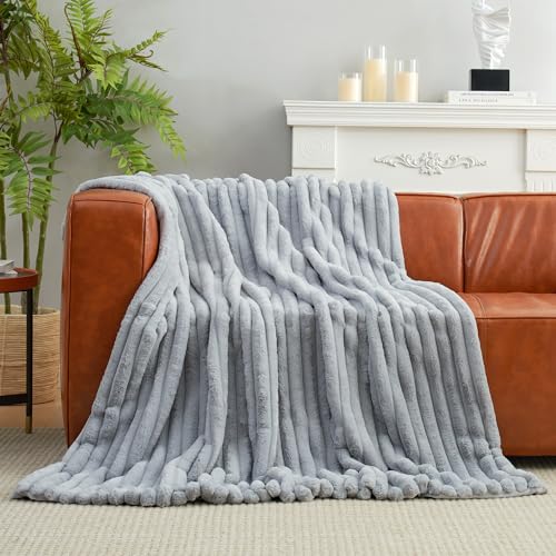 Amélie Home Faux Fur Throw Blanket for Couch, Rabbit Fur Warm Luxurious Soft Striped Cozy Fluffy Plush Gift Blankets for Family Sofa Chair Bed Living Room,Light Grey,60 x 80 inch