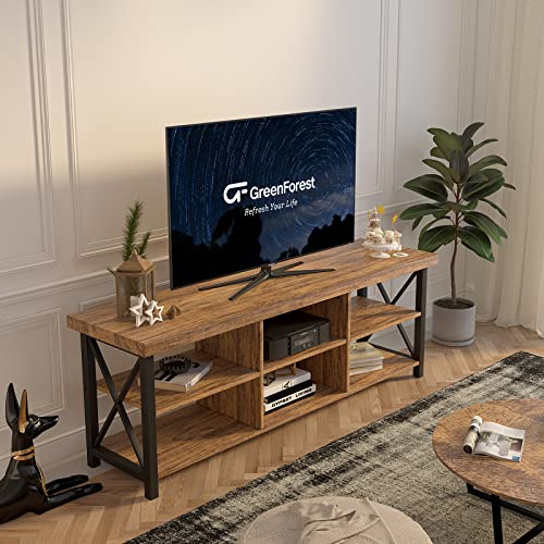 GreenForest TV Stand for TV up to 65 inches, Entertainment Center with 6 Storage Cabinet for Living Room, 55 inch Farmhouse Television Stands Console Table, Industrial TV stands for Living Room, Black