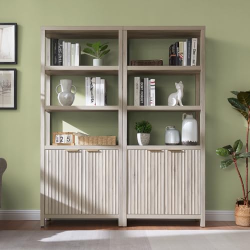 OAKHAM HOME Oxford Bookshelf, Tall Book Shelf with Doors Cabinet, 5-Tier Bookcase, Large Wooden Bookshelves with Fluted Panel, Bookcases with Storage for Living Room, Bedroom (Gray Oak)