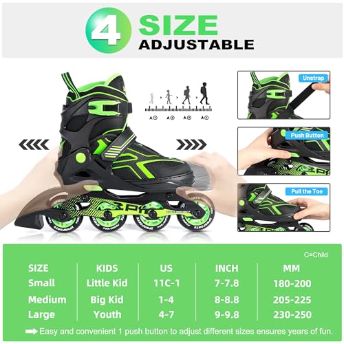 2PM SPORTS Torinx Boys Adjustable Inline Skates, Fun Beginner Roller Skates for Kids, Youth, Girls, Men and Women - Black Medium