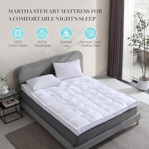 Martha Stewart Mattress Topper Twin Size - 3 Inch Feather Bed 100% Cotton Cover Fabric- All Seasons Fluffy White Mattress Pad Feather Topper Relieve Back Pain for Bedroom