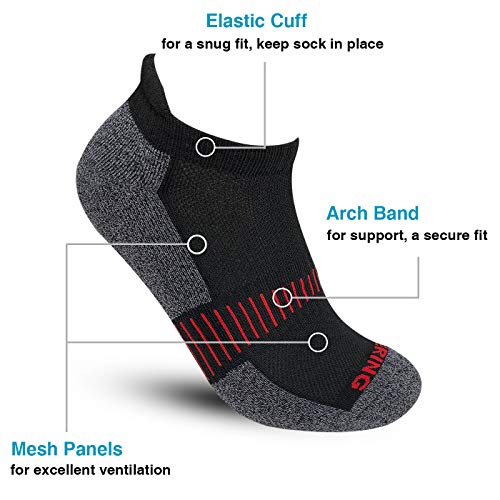 BERING Men's Ankle Socks Thick Cushioned Athletic Socks for Running, Walking, Workout, Black, Size 9-12, 6 Pack