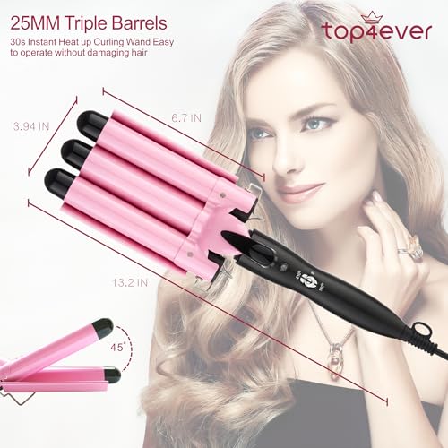 3 Barrel Curling Iron Hair Crimper, TOP4EVER 25mm(1 inch ) Professional Hair Curling Wand with Two Temperature Control,Fast Heating Portable Crimpers for Waving Hair (Pink)