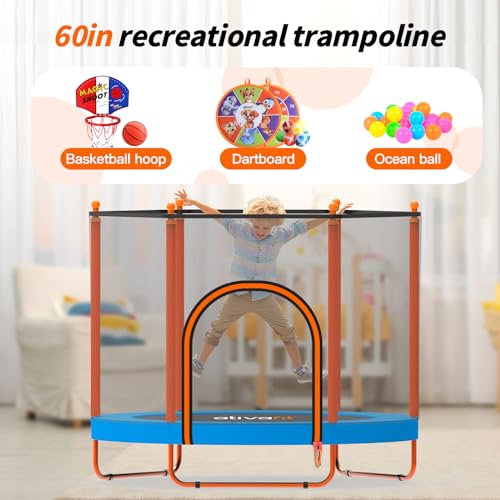 Ativafit 60'' Rebounder Trampoline Indoor Outdoor for Kids Ages 1-8, 5 FT Recreational Toddler Trampoline with Safety Enclosure Net Gifts with Basketball Hoop Dartboard Ocean Ball for Fun