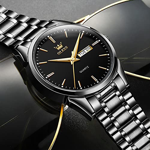 OLEVS Men's Analog Watches Two Tone Stainless Steel Band Date and Day Quartz Watch for Men Black Dial Easy to Read Men's Battery Watch with Numbers Casual Hand Watches for Older Men Reloj de Hombre