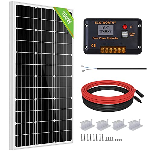 ECO-WORTHY 100 Watt 12 Volt Solar Panel Kit for RV Battery Boat Trailer Cabin Garden Shed Home: 100W Solar Panel+30A PWM Charge Controller+ Tray Cable + Z Mounting Brackets