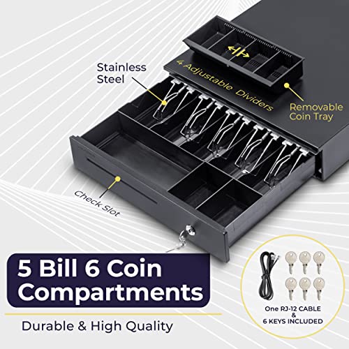 Volcora Cash Register Drawer for Point of Sale (POS) System with Removable Coin Slots, 5 Bill/6 Coin, 24V, RJ11/RJ12 Key-Lock, Media Slot, Black