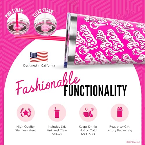Dragon Glassware x Barbie Vacuum Insulated Tumbler with Lid and Straw - 16 oz Tumbler Cup with 2 Straws - Stainless Steel Tumbler with Straw for Water, Iced Tea - Travel Coffee Tumbler - Classic