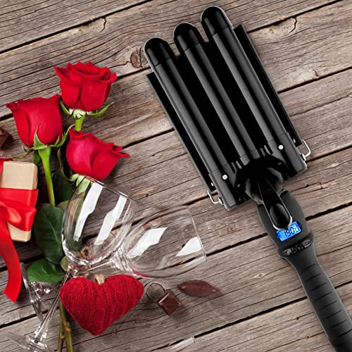 3 Barrel Curling Iron Wand with LCD Temperature Display - 1 Inch Professional Salon Ceramic Triple Barrels Curling Iron (Black)