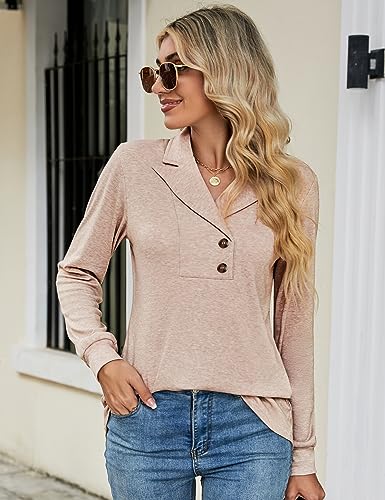 Micoson Women's Casul Long Shirts To Wear With Leggings Lapel V Neck Pullover Cotton Tunics to Wear with Leggings Ladies Tops Navy Blue L