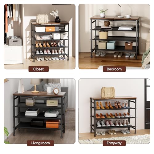 Mavivegue 4-Tier Metal Shoe Rack, Shoe Storage Organizer with Non-Woven Fabrics Shelves and Wooden Top Board, Entryway Shoe Stand for Closet Bedroom Living Room Garage, Black & Rustic Brown