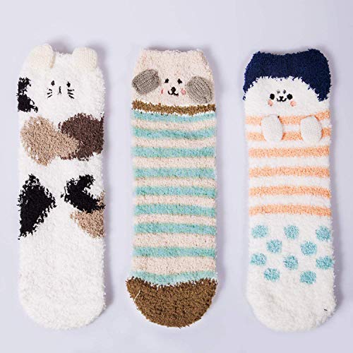 Loritta 3 Pairs Womens Fuzzy Socks Winter Warm Fluffy Soft Slipper Home Sleeping Cute Animal Socks,Solid Color Puppy