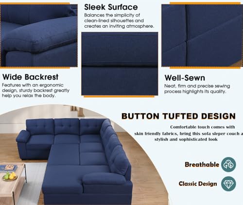 asunflower Sleeper Sectionals with Storage U Shaped Sectional Couches for Living Room Apartment, 4 Seat Pull-Out Sleeper with Dual Storage Chaise,Navy Blue Sofa Bed Couch