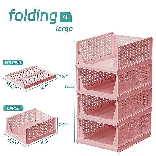 MVSRWLL Stackable Plastic Storage Basket Bin Shelf Box for Closet Wardrobe Organizer 4 Pack Foldable Clothes Drawer Storage Container for Cupboard Kitchen Bathroom Bedroom Office (White)(3L+1S)